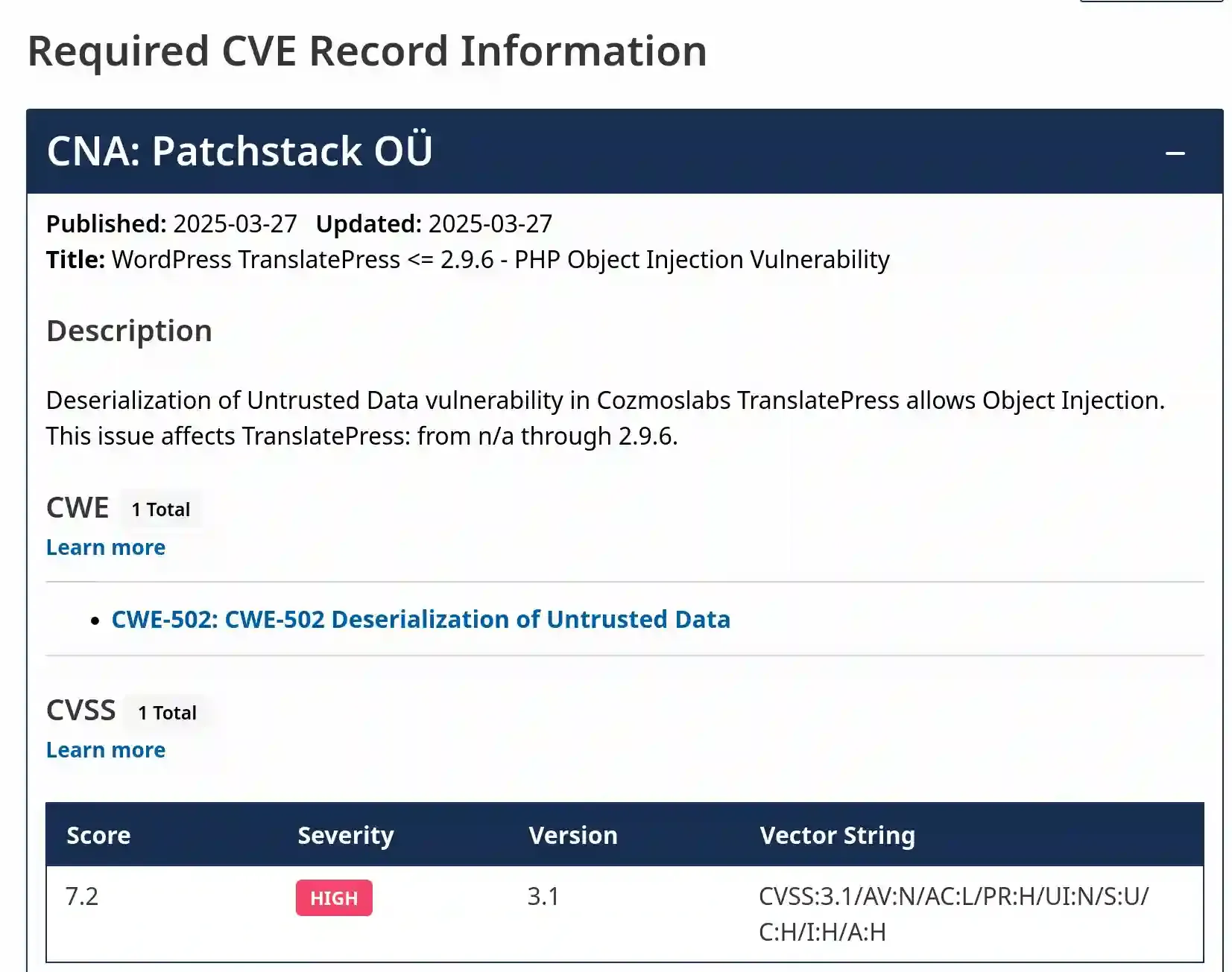 Publication of CVE-2025-30773